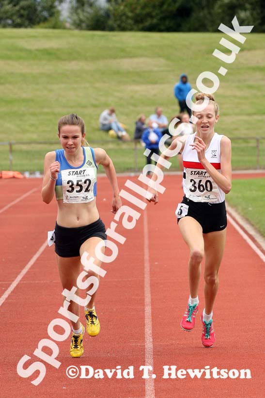 Amy Hinchly (Vale Royal AC) outsprints no 360 Rosie Johnson (Liverpool Pembroke) to win the under-17s 1500 metres at the Northern Under-17s and 15s Championships, Liverpool.